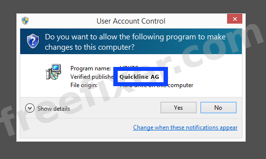 Screenshot where Quickline AG appears as the verified publisher in the UAC dialog